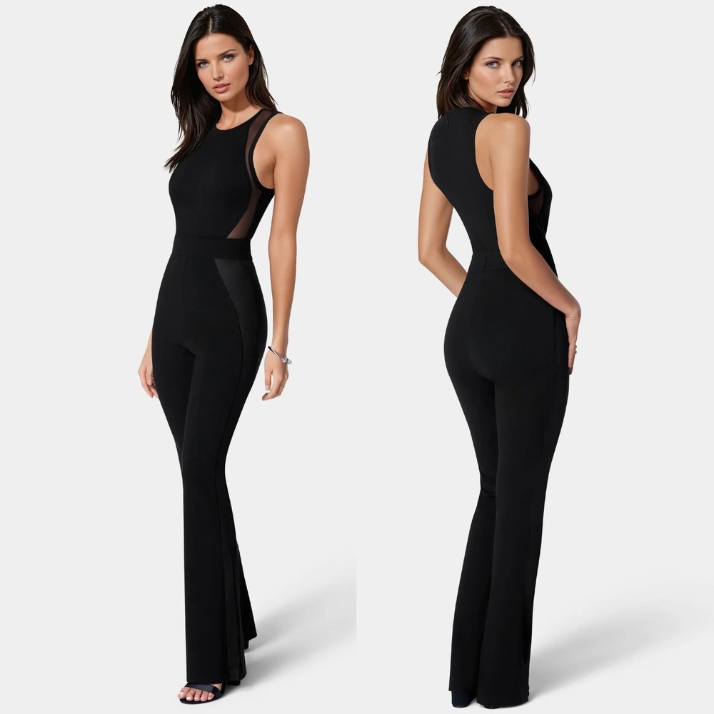 Bebe Womens Knit Illusion‎ Jumpsuit Size Small Black Sheer Mesh Panel Sexy Club